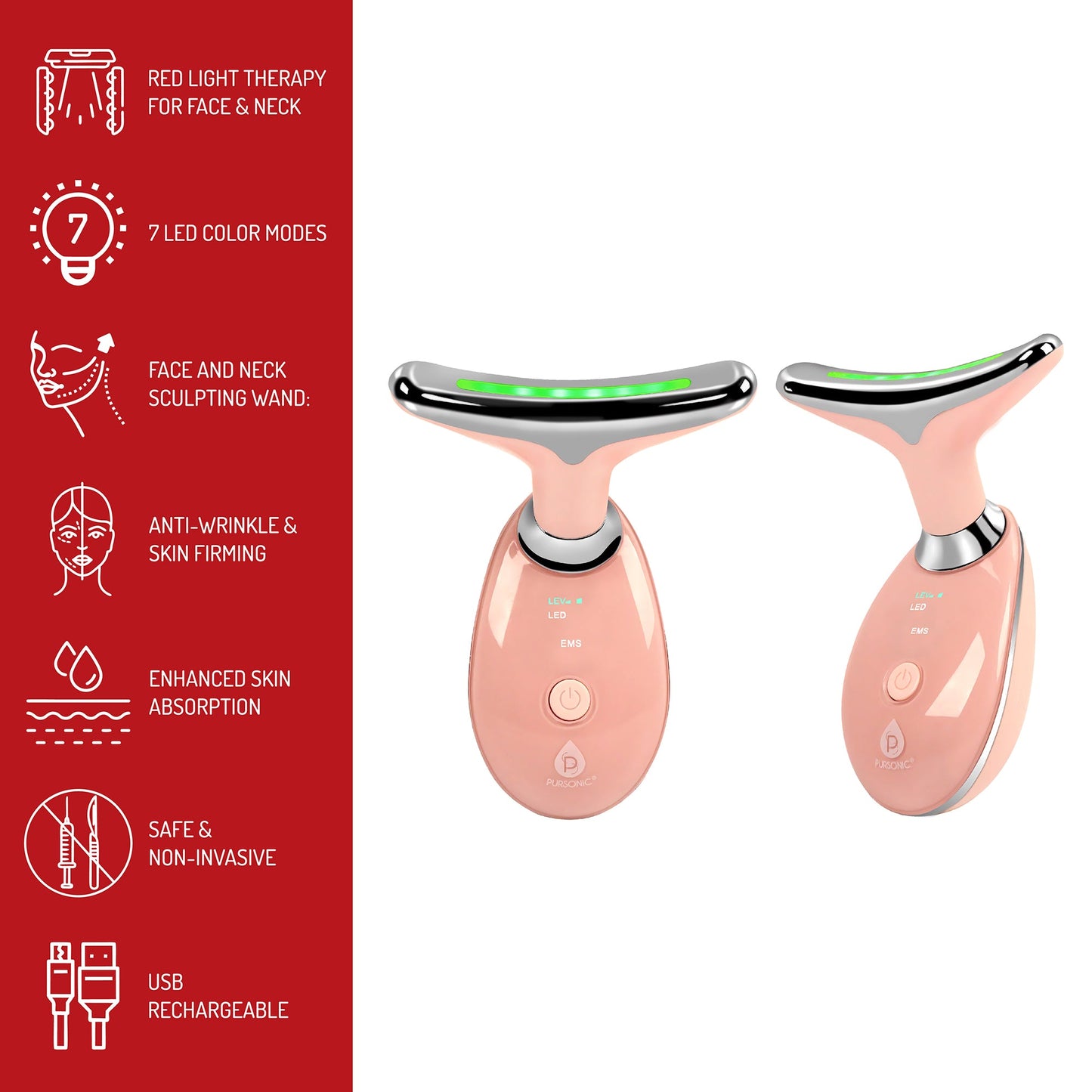 Pursonic 7-in-1 LED Light Therapy Beauty Device - Red Light Therapy Face & Neck Sculpting Wand